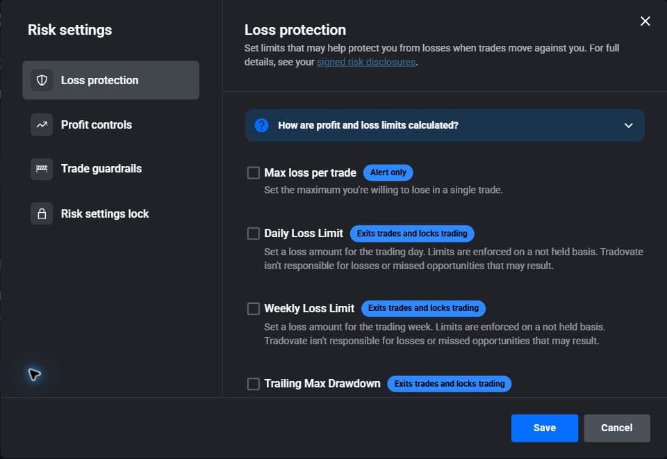 Tradovate Risk Settings showing the Daily Loss Limit option in Loss protection