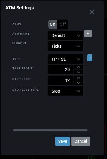 Tradovate ATM Settings showing take-profit and stop-loss fields in ticks